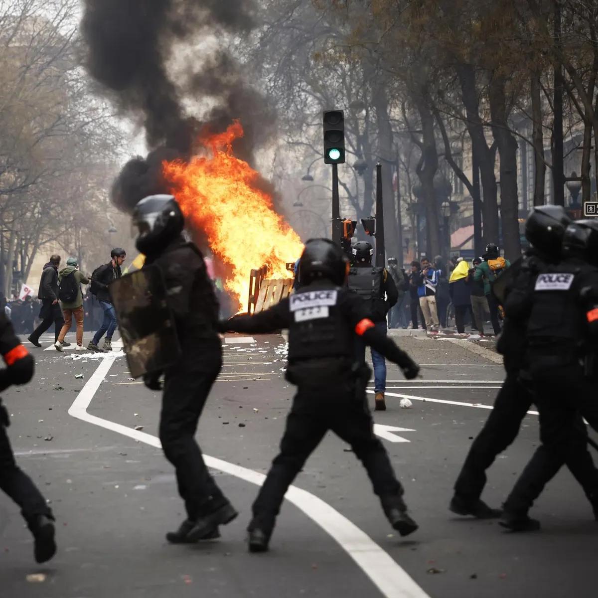 Burning debris during clashes