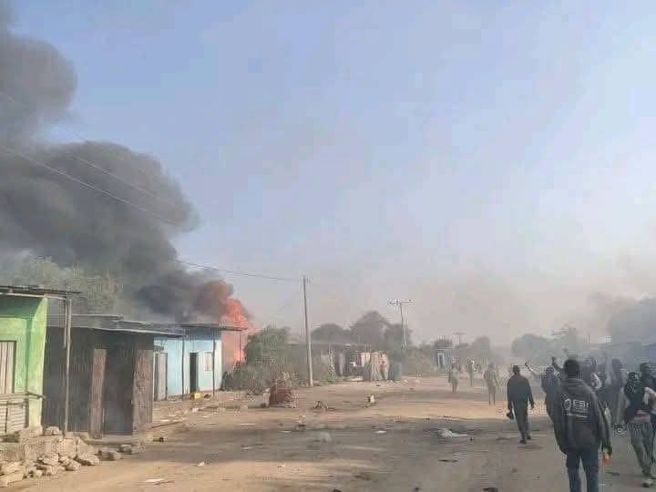 Jamuqa on fire after the forces set it ablaze.